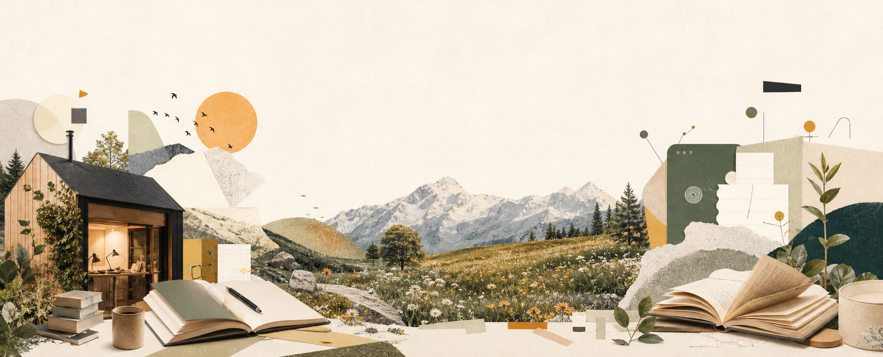 Editorial paper collage of a small studio, open books, notebooks, mountains, and meadow details.